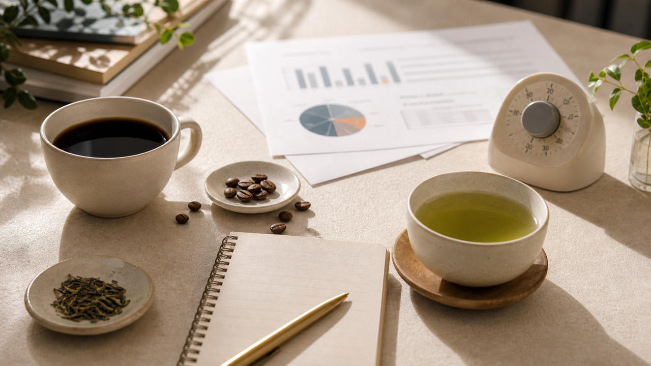 温かい机上にコーヒー、緑茶、研究資料、タイマーを並べた実写イメージ