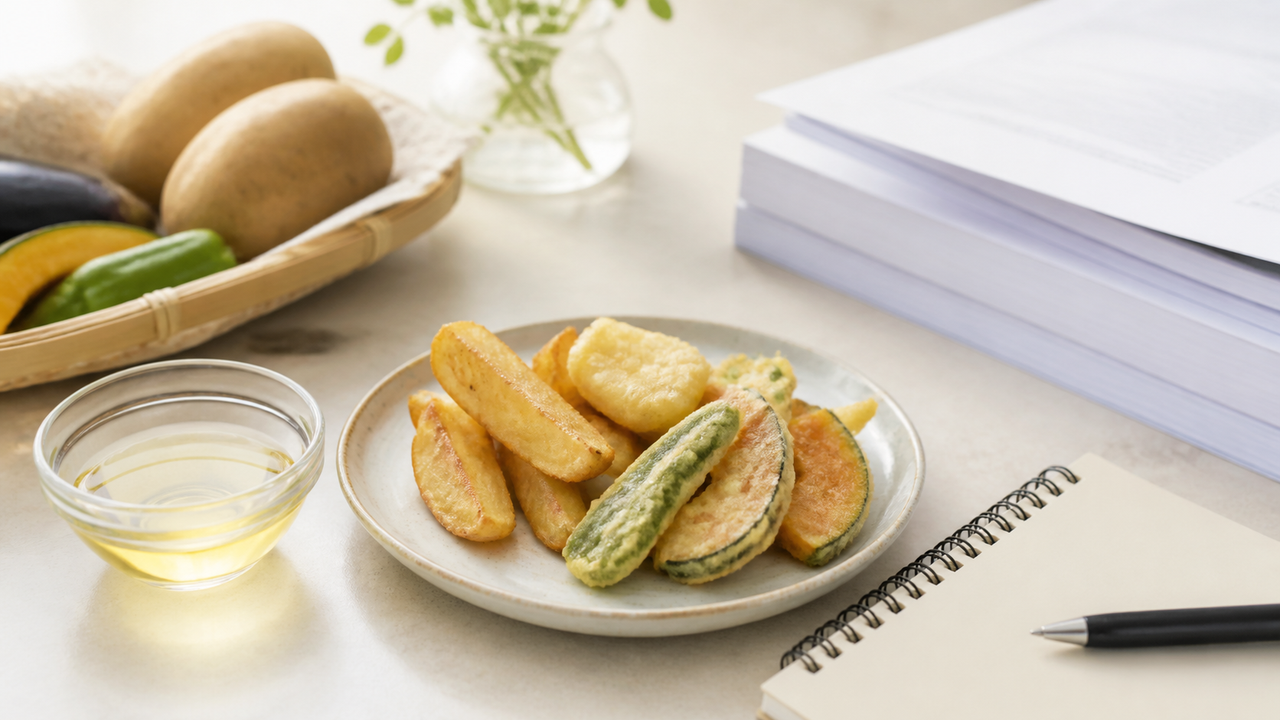 温かい机上に揚げ野菜、じゃがいも、調理油、研究資料を並べた実写イメージ