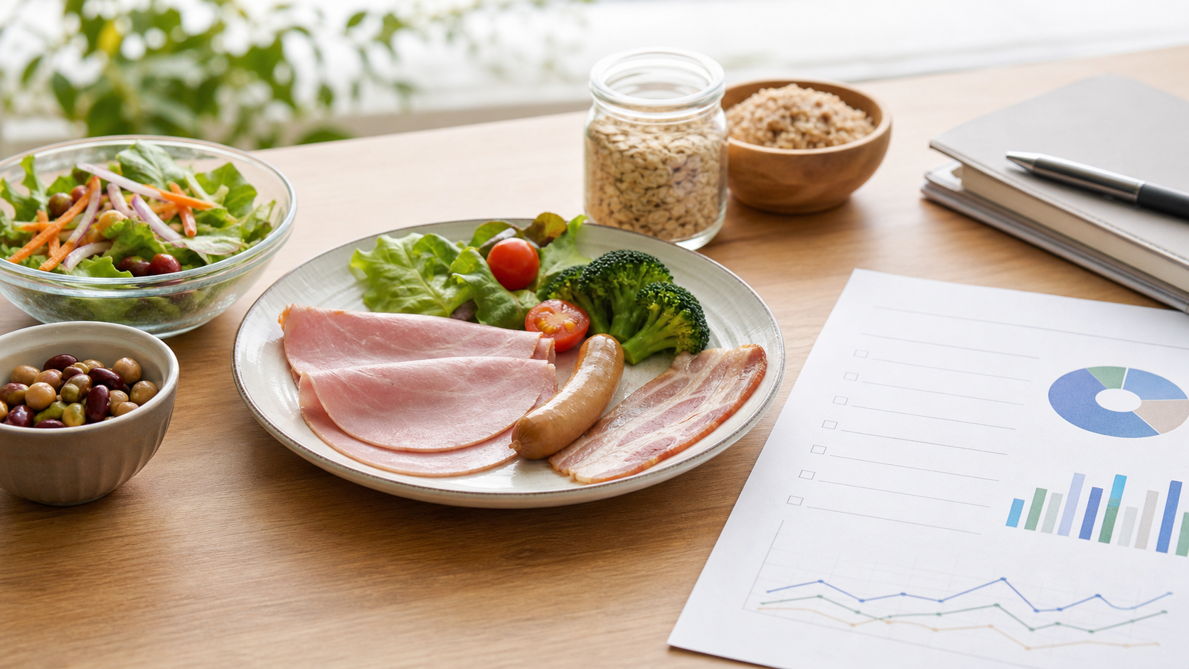 自然光の机上に少量のハム、ソーセージ、ベーコン、野菜、全粒穀物、研究資料を並べた実写イメージ